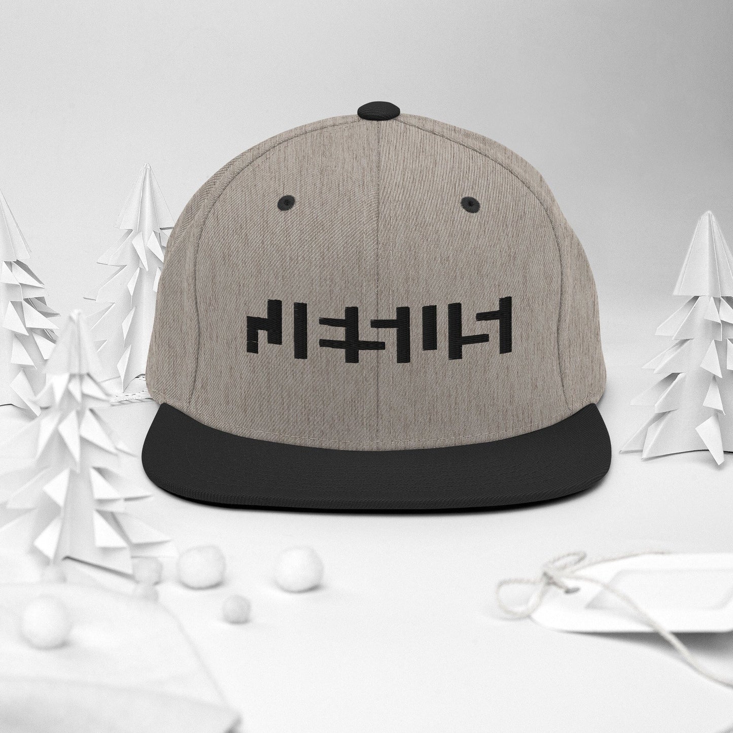 Heather/Black snapback with "Jesus" embroidery