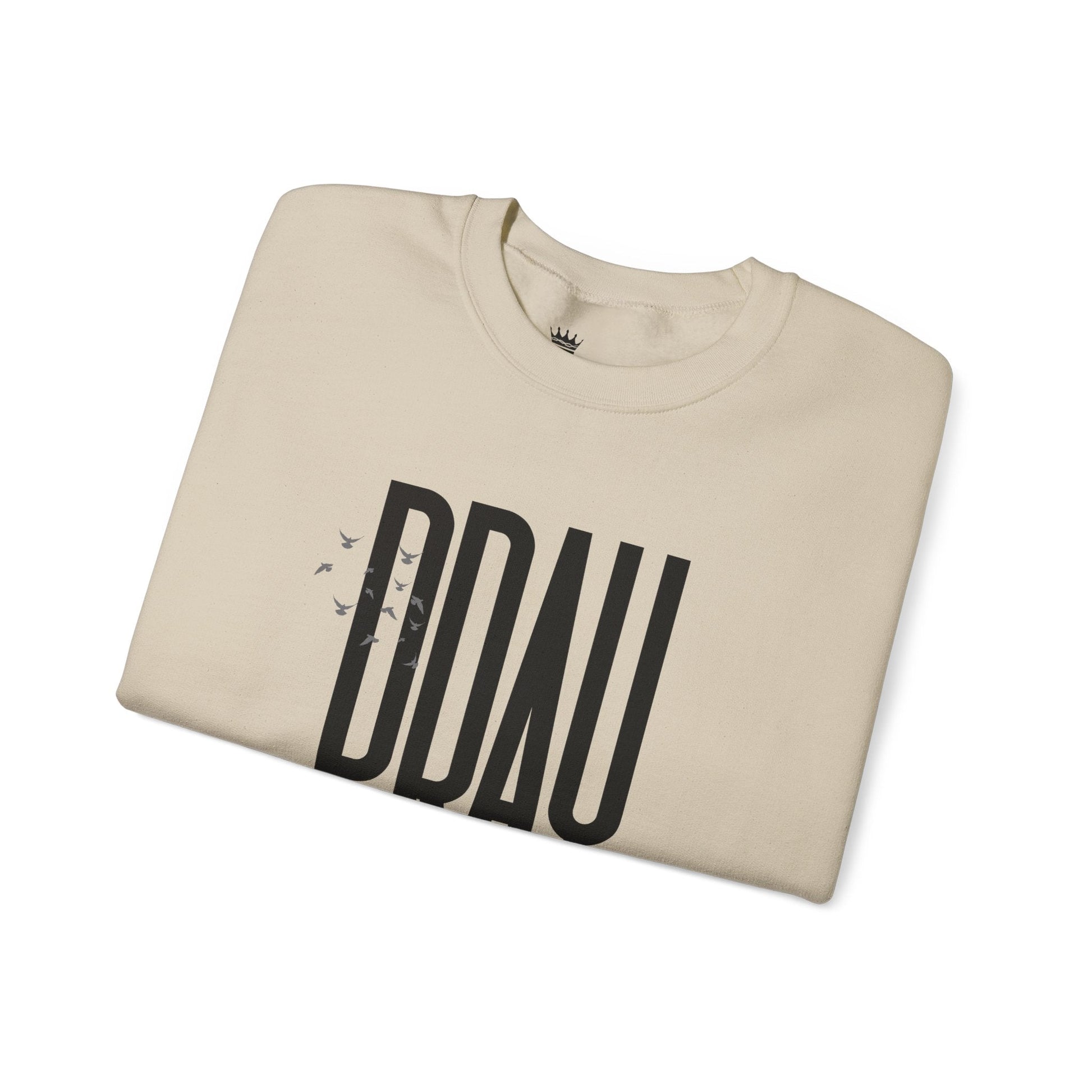 Folded Sand sweatshirt with black text on a white background