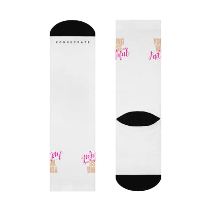 Young, Wise, & Faithful Cushioned Crew Socks - White/Pink