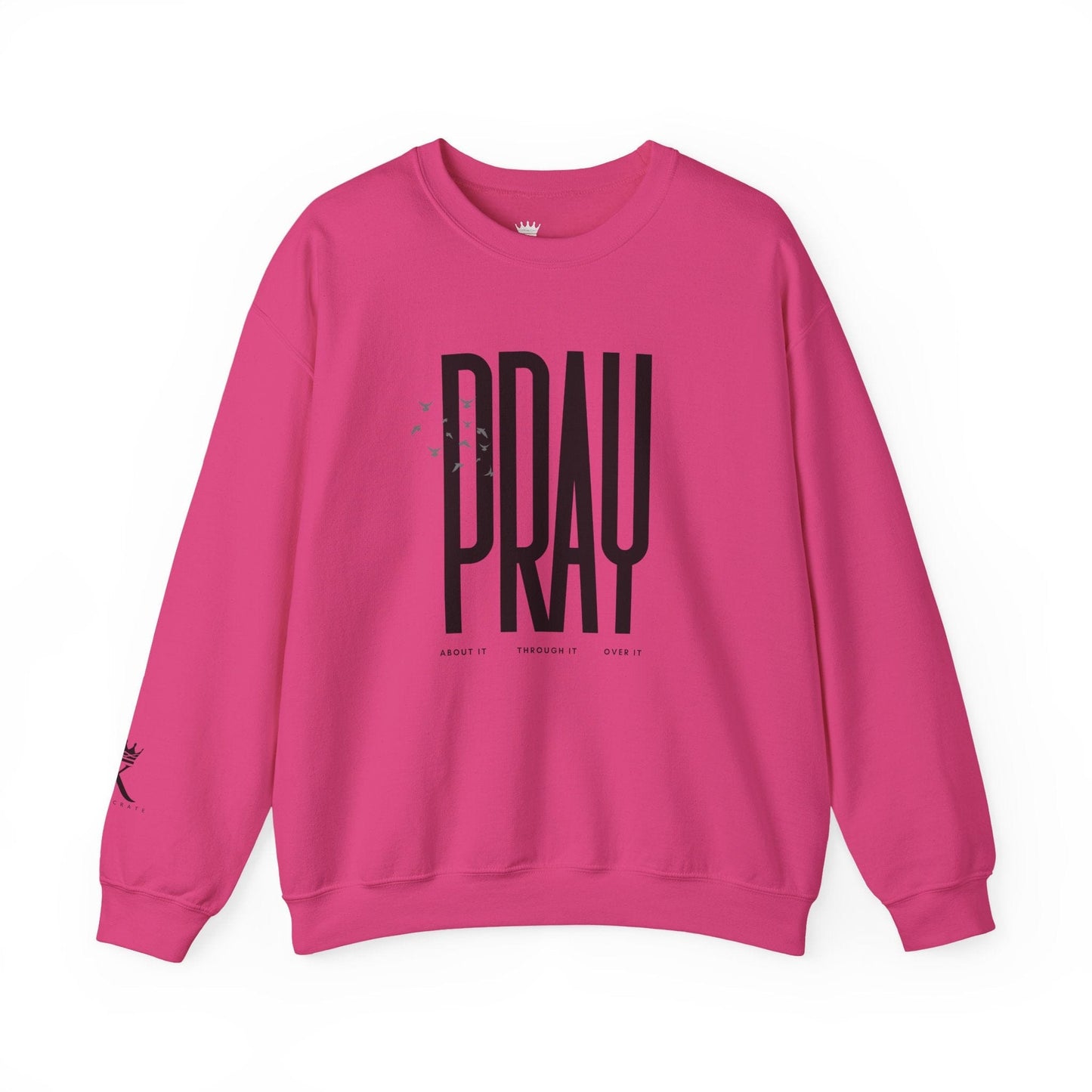 Heliconia sweatshirt with 'PRAY' printed on it against a white background