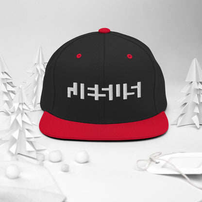Black/ Red snapback with "Jesus" in white embroidery with background of christmas Decor