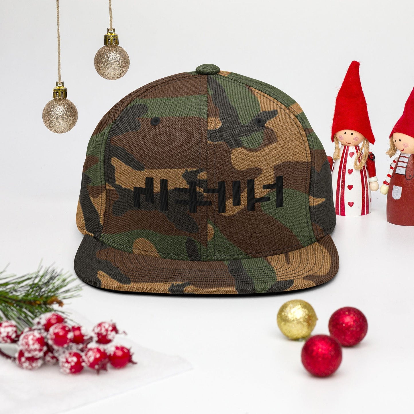 Green Camo snapback with "Jesus" embroidery