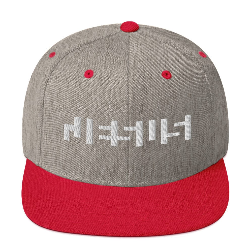 Heather Grey/ Red close-up snapback with "Jesus" in white embroidery 