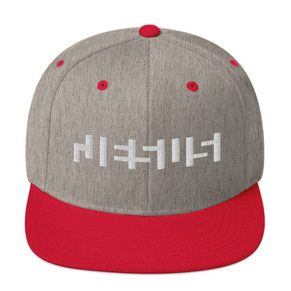 Heather Grey/ Red close-up snapback with "Jesus" in white embroidery 