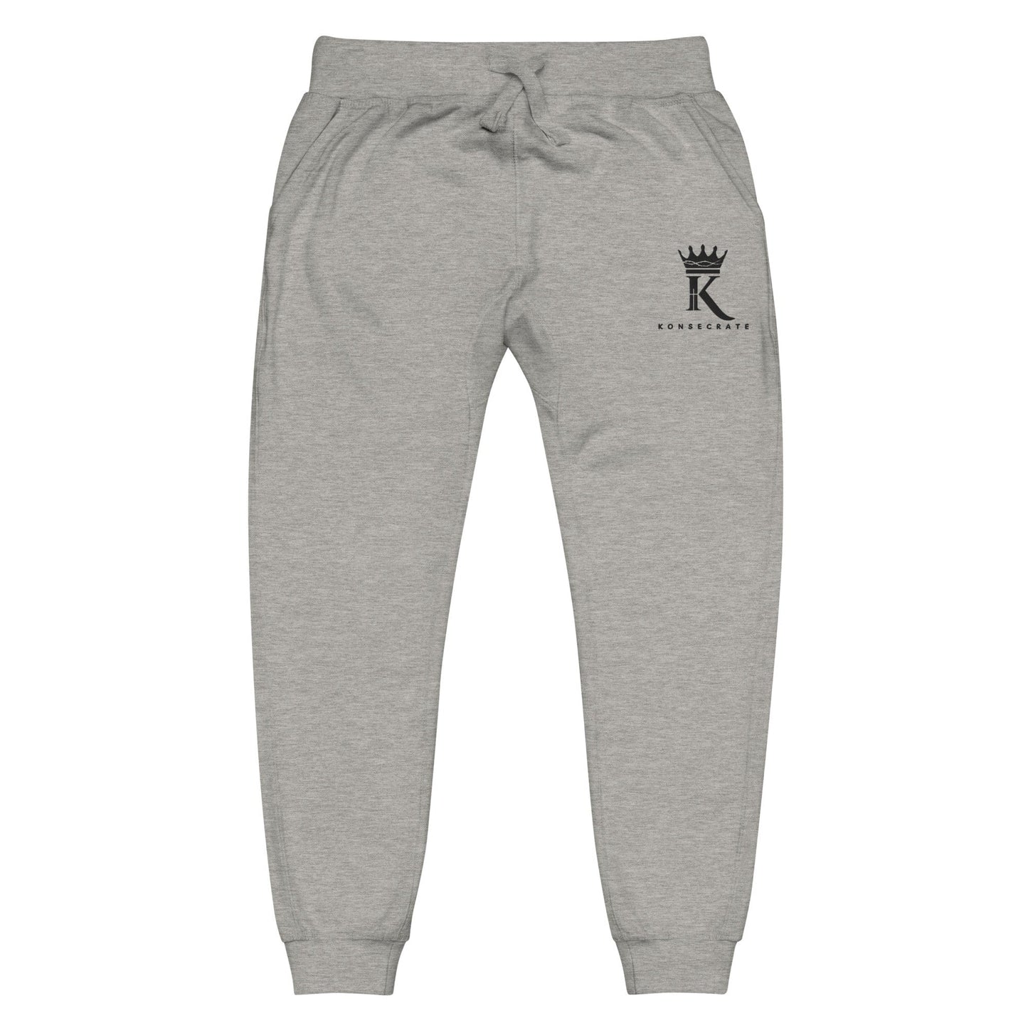 front view of carbon grey Joggers with black Konsecrate Signature logo