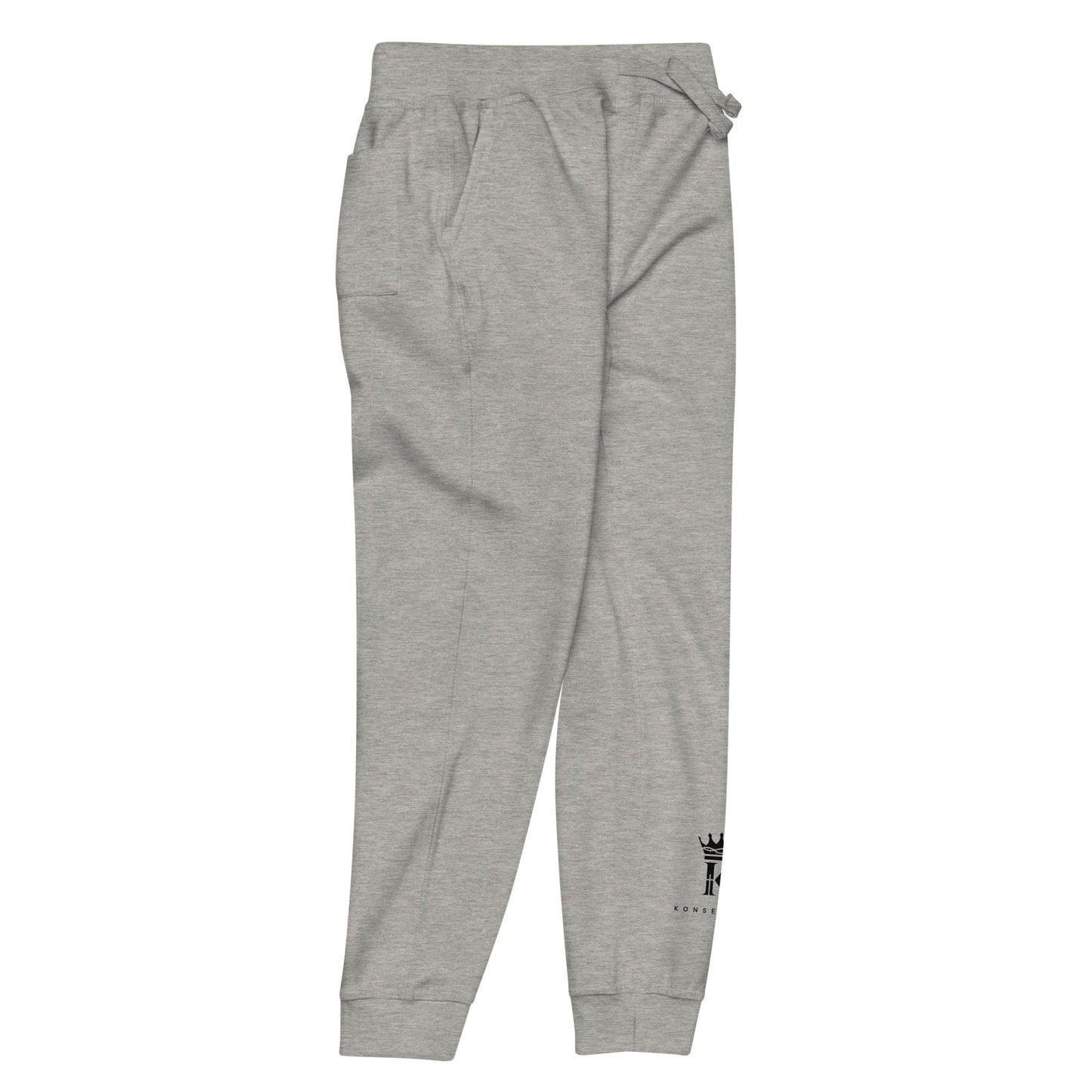 right view of carbon grey Joggers with black Konsecrate Signature logo on left leg