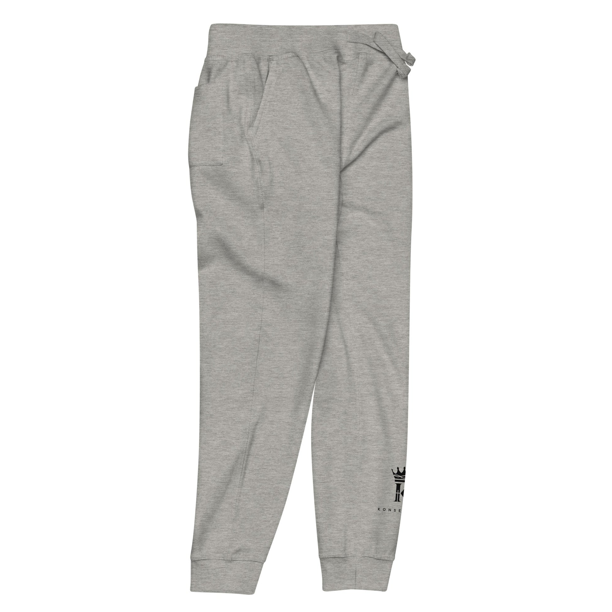 right view of carbon grey Joggers with black Konsecrate Signature logo on left leg