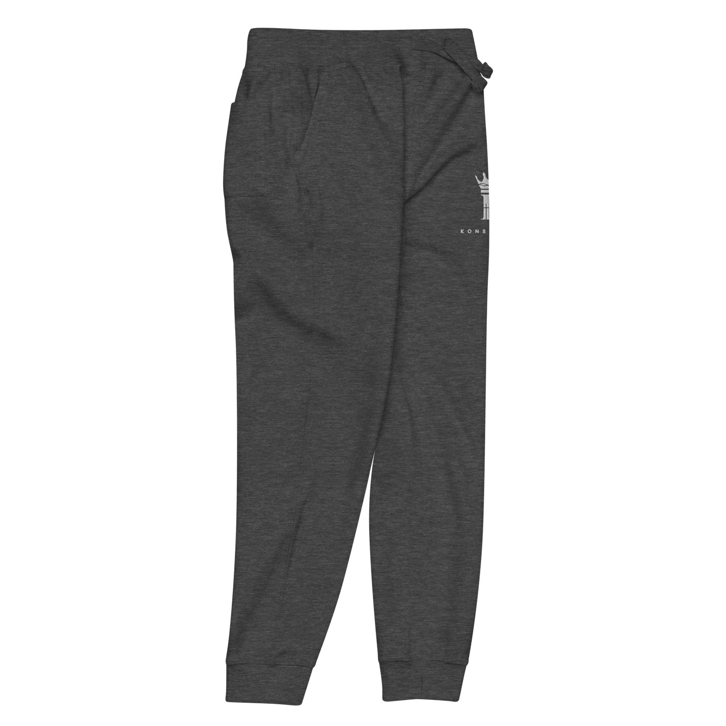 right view of charcoal heather Joggers with Konsecrate Signature logo on upper left leg