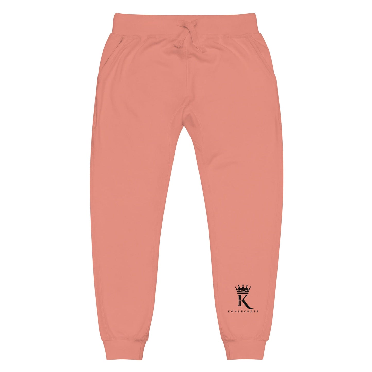 front view of dusty rose Joggers with black Konsecrate Signature logo on left leg