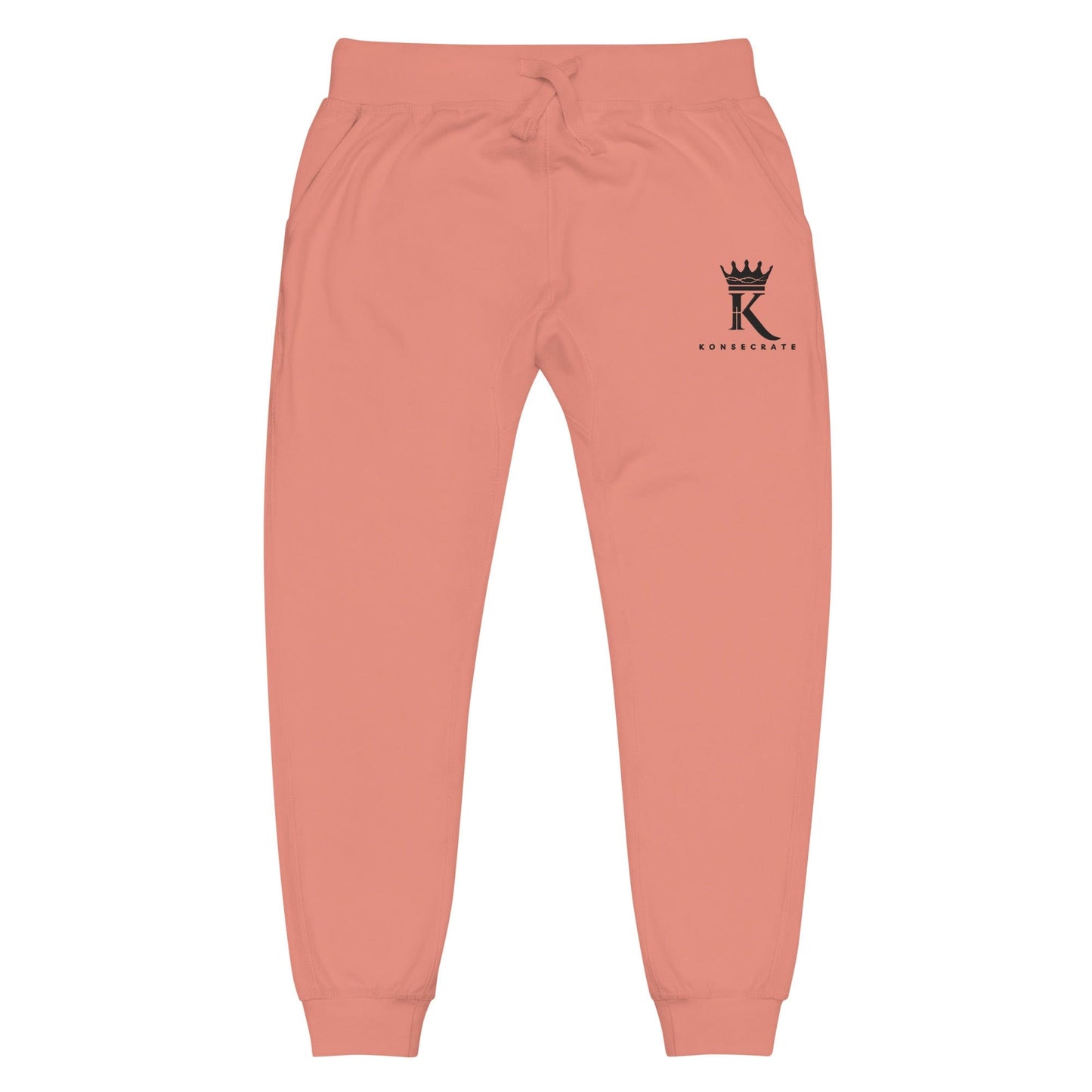 front view of dusty rose Joggers with black Konsecrate Signature logo