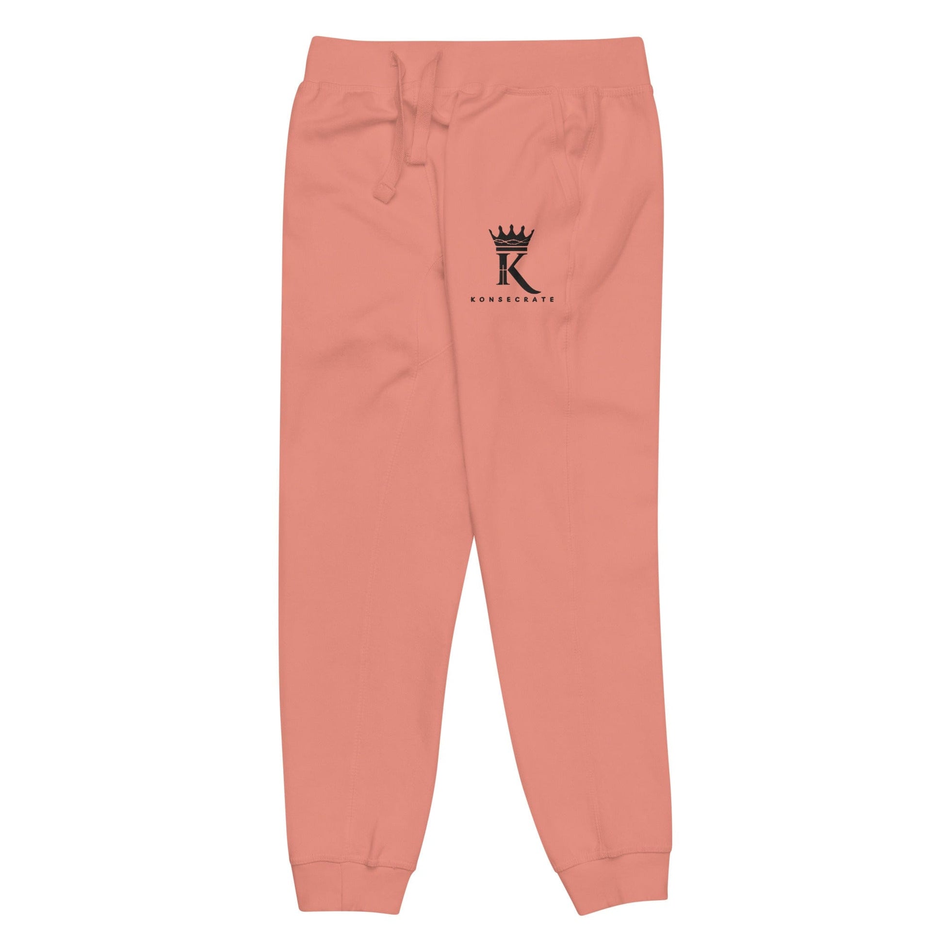 left view of dusty rose Joggers with black Konsecrate Signature logo
