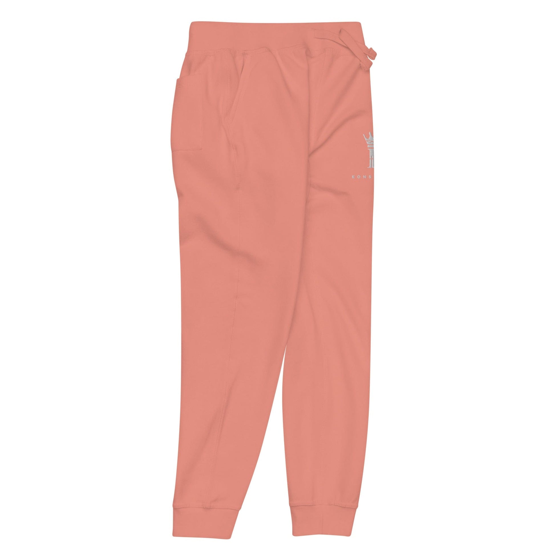 right view of dusty rose Joggers with Konsecrate Signature logo on upper left leg
