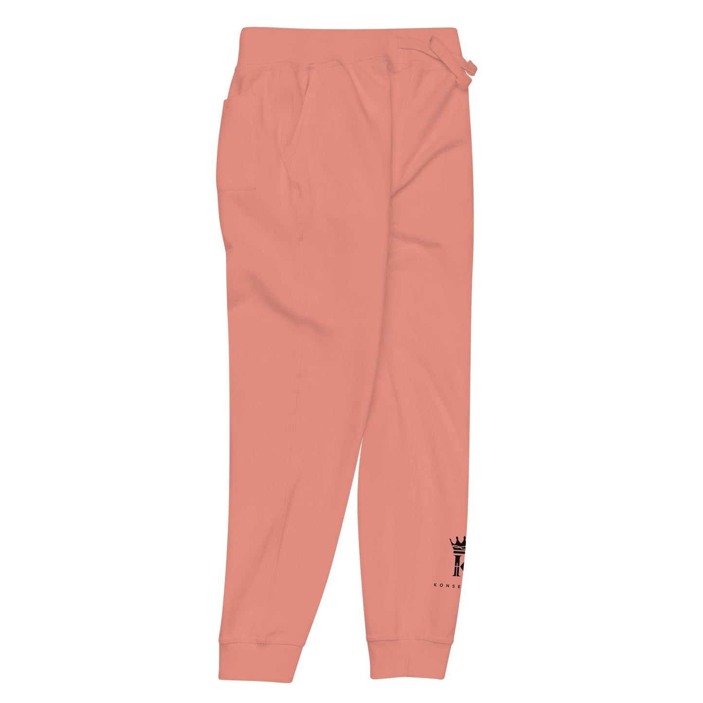 right view of dusty rose Joggers with black Konsecrate Signature logo on left leg