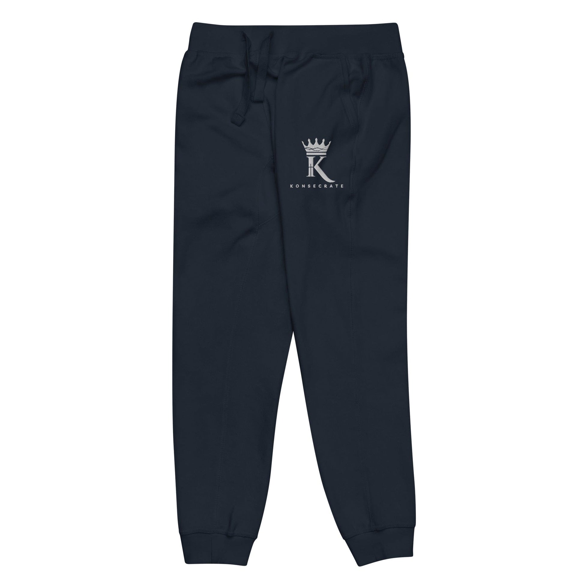 left view of navy blazer Joggers with Konsecrate Signature logo on upper left leg