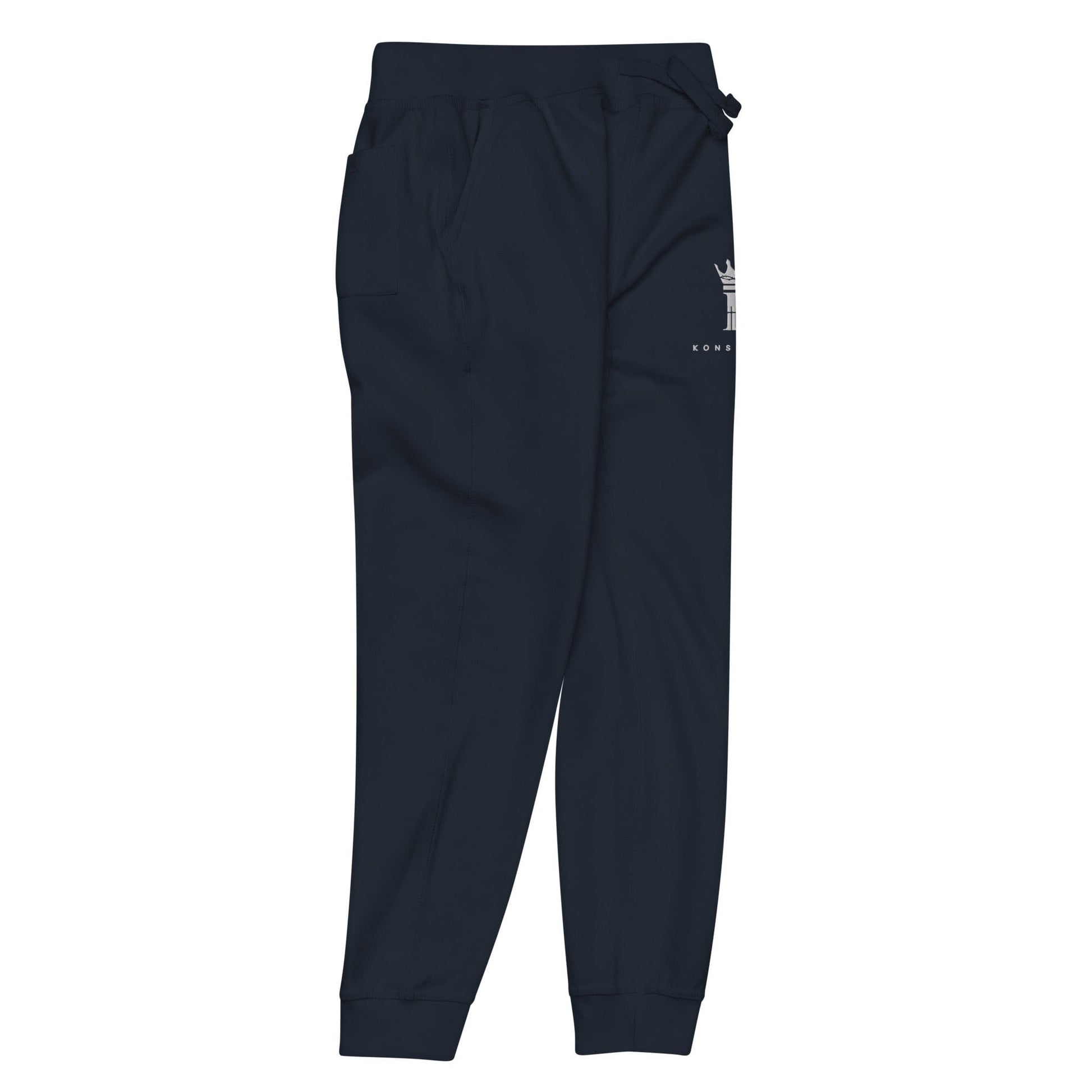 right view of navy blazer Joggers with Konsecrate Signature logo on upper left leg