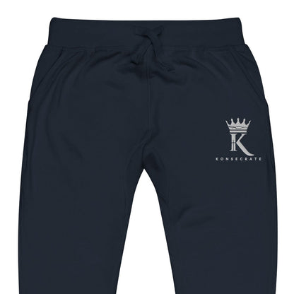 front view close-up of navy blazer Joggers with Konsecrate Signature logo on upper left leg