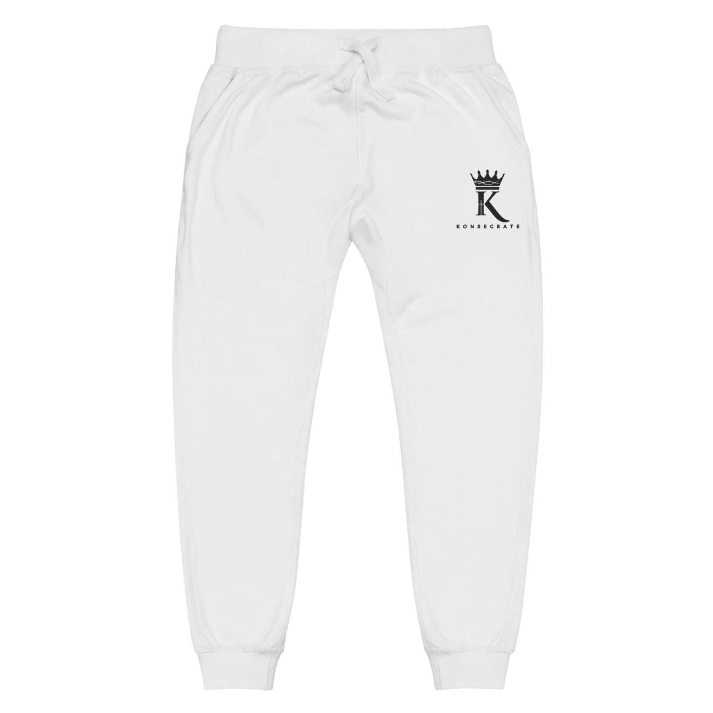 front view of white Joggers with black Konsecrate Signature logo